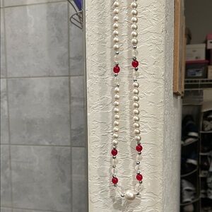 Elegant Pearl and Red Bead Necklace